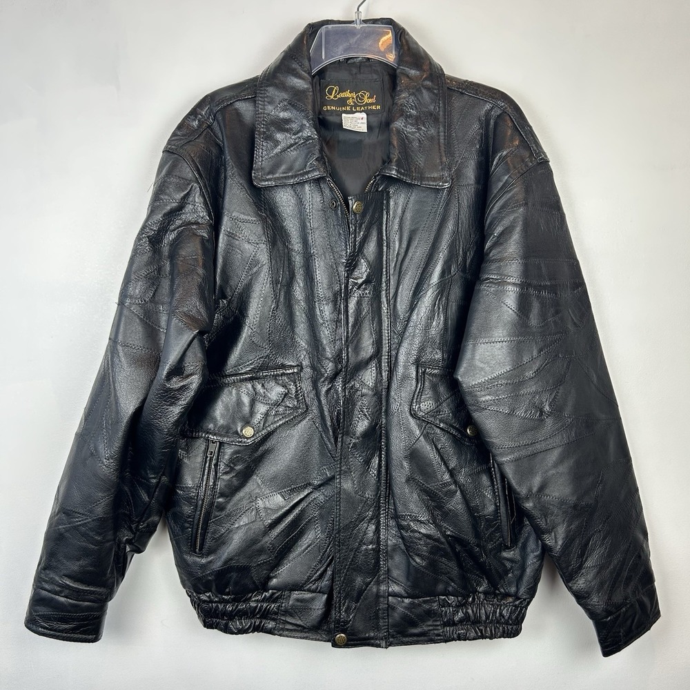 Vintage Leather Jacket Men Medium Bomber Coat Black Patchwork Y2K 90s Retro